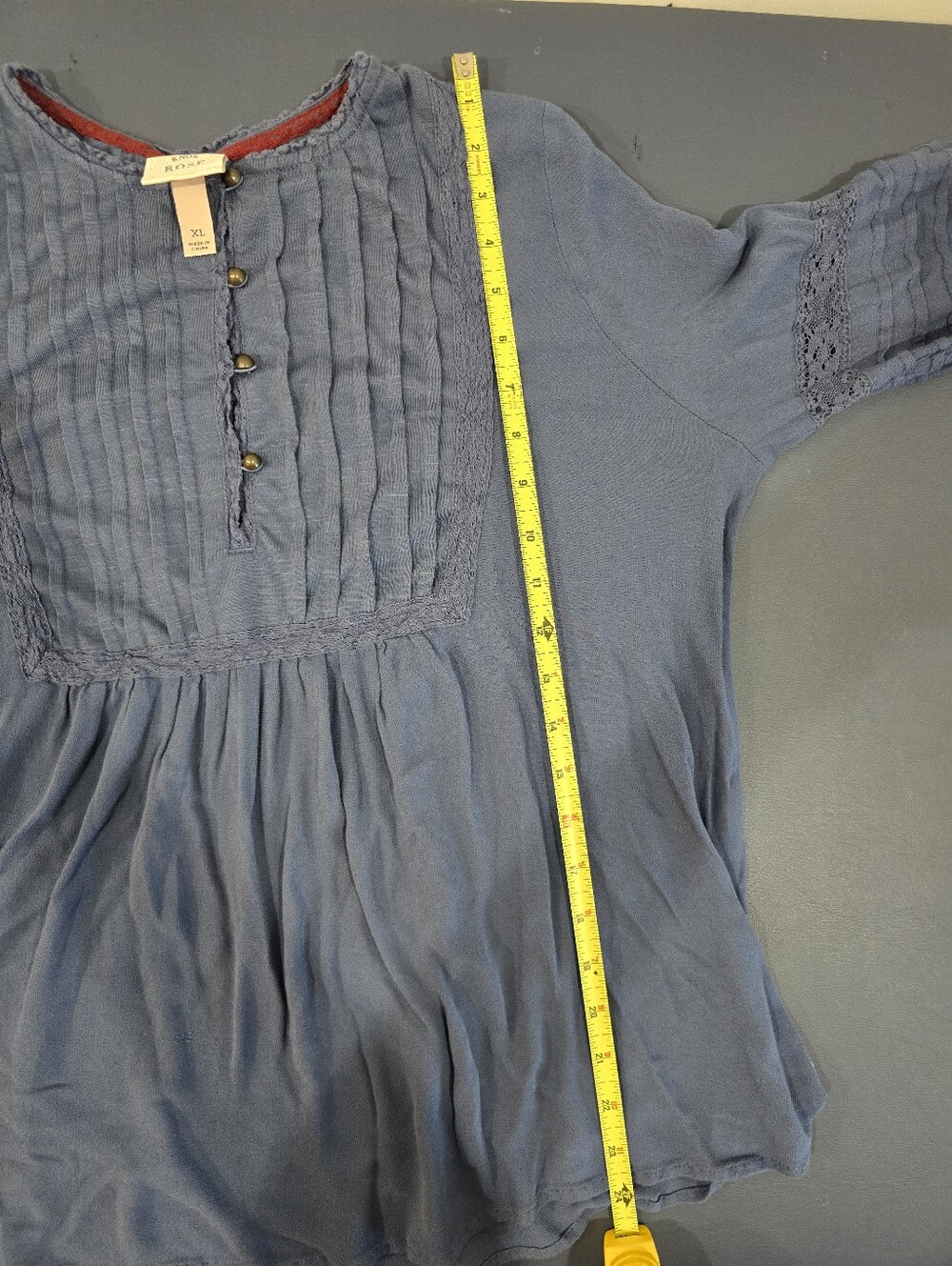 Knox Rose Womens XL Blue Boho Peasant Blouse Pintuck Lace Ruffle Sleeve - Picture 5 of 7